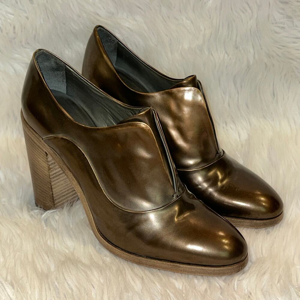 Reed Krakoff Oxford Ankle Boot Laceless Leather Block Heeled Metallic Bronze